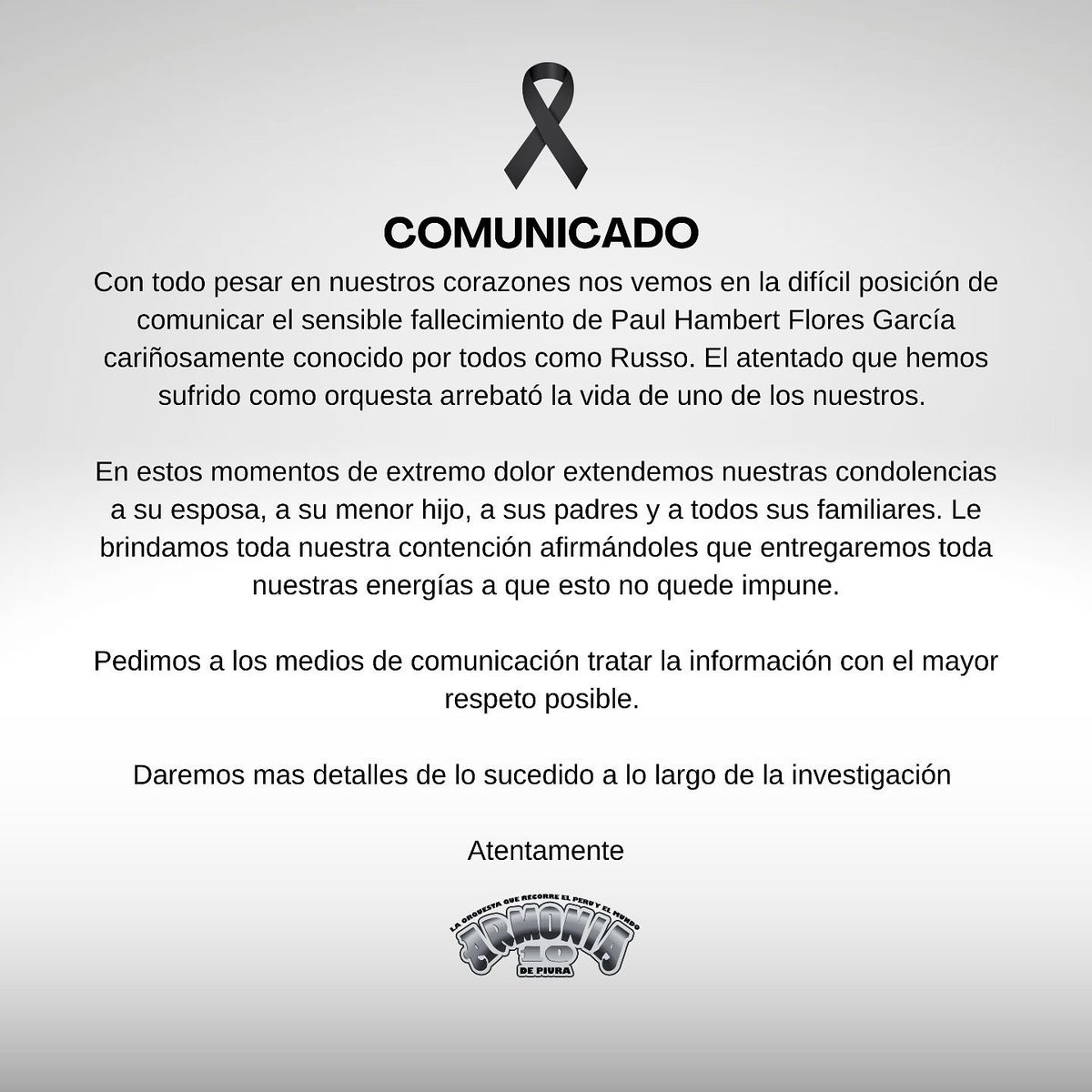 luchoquequezana's tweet photo. La música en el Perú de luto. Mi más sentido pésame a la familia de Paul Flores y a @armonia10oficial. Hacer música en este país, como todo trabajo, no debería dar miedo. Me sumo a las voces que exigen a nuestras autoridades justicia y un país más seguro ¡YA BASTA! https://t.co/DLFuE7pUk9