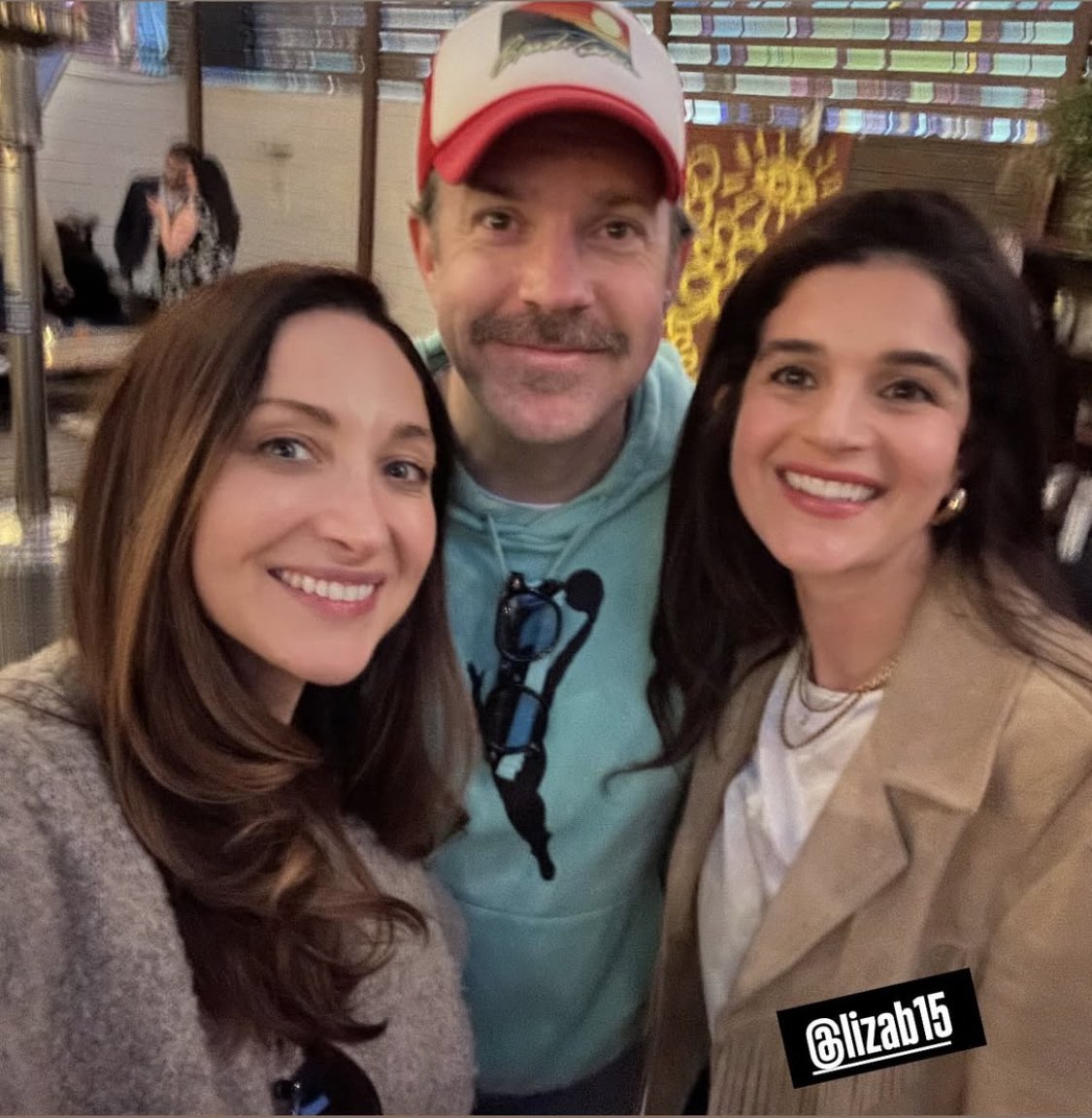Jason Sudeikis with Ted Lasso producers Jamie Lee and Lisa Katzer at the Angel City match