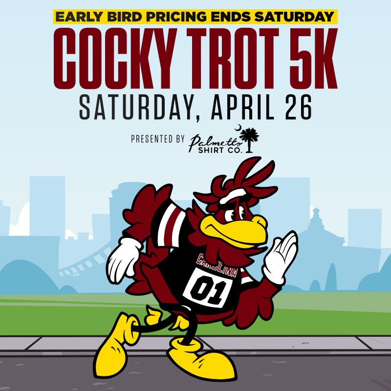 Early bird pricing for the Cocky Trot 5K ends this Saturday! Register today.

➡ raceroster.com/events/2025/99…

#Gamecocks | #ForeverToThee