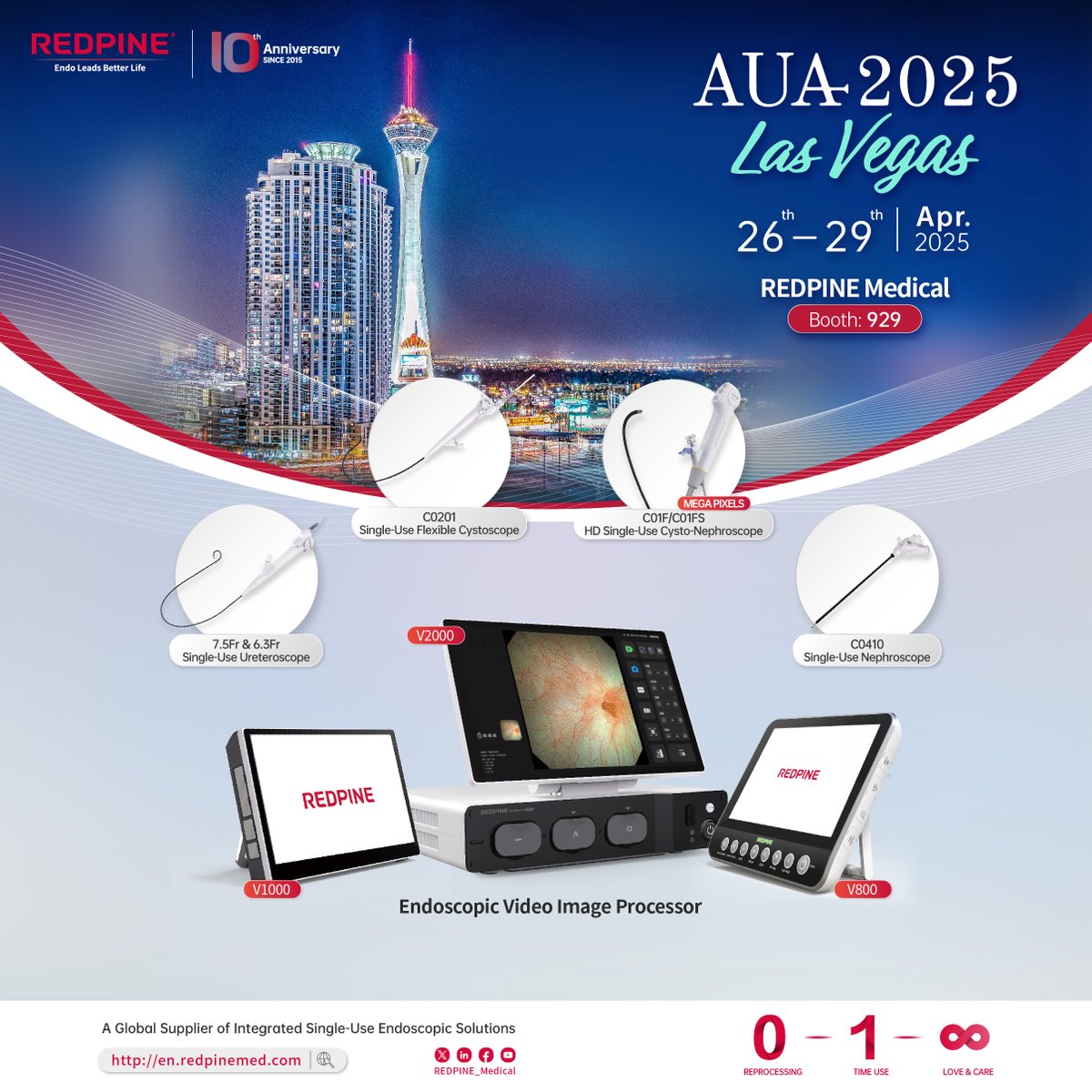 Welcome to visit #REDPINE booth G929 at #AUA2025 in Las Vegas from April 26th to 29th. Let's discover #Single-use endoscopic #Urology total solutions together. We look forward to seeing you there! 😃