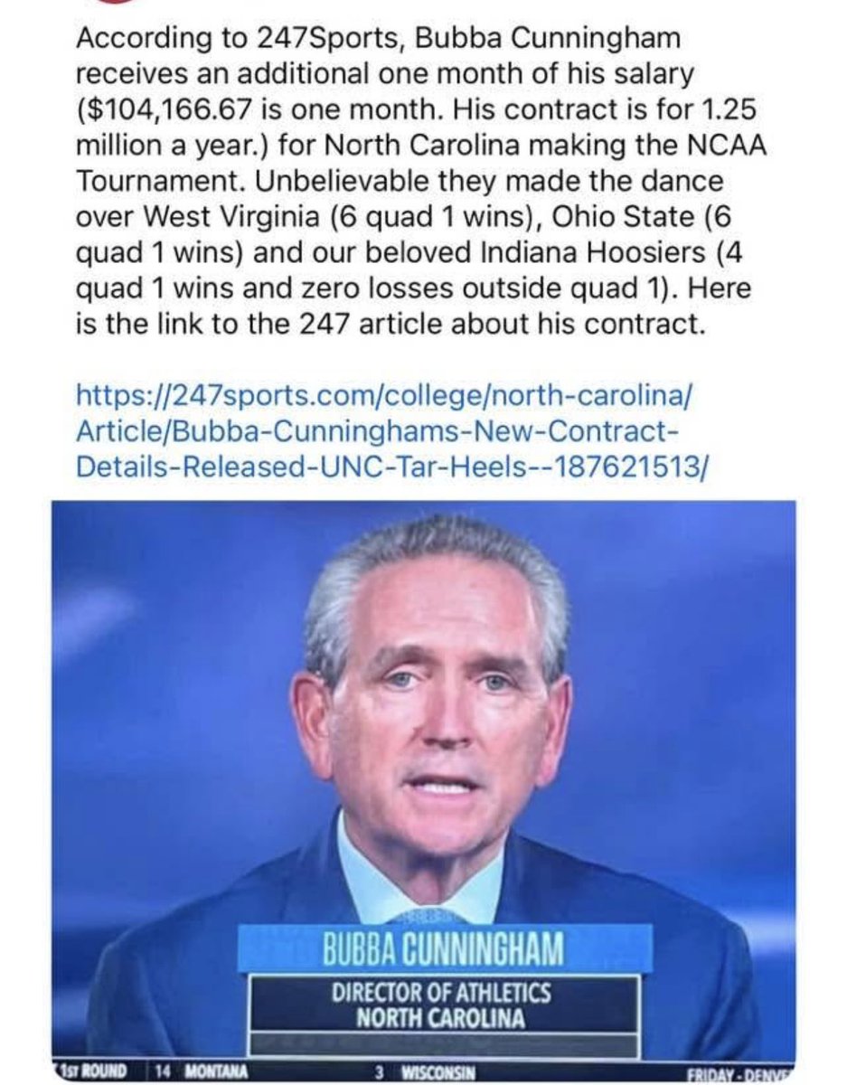 Bill Gillispie, CMAA, CIC (@gillispiebill) on Twitter photo How about the NC athletic director Bubba Cunningham making an extra $104,166.66 for the <a href="/GoHeels/">UNC Tar Heels</a> making <a href="/NCAA/">NCAA</a> Tournament - just happens to be the chair of <a href="/MarchMadnessMBB/">NCAA March Madness</a> How about the NC athletic director Bubba Cunningham making an extra $104,166.66 for the <a href="/GoHeels/">UNC Tar Heels</a> making <a href="/NCAA/">NCAA</a> Tournament - just happens to be the chair of <a href="/MarchMadnessMBB/">NCAA March Madness</a>