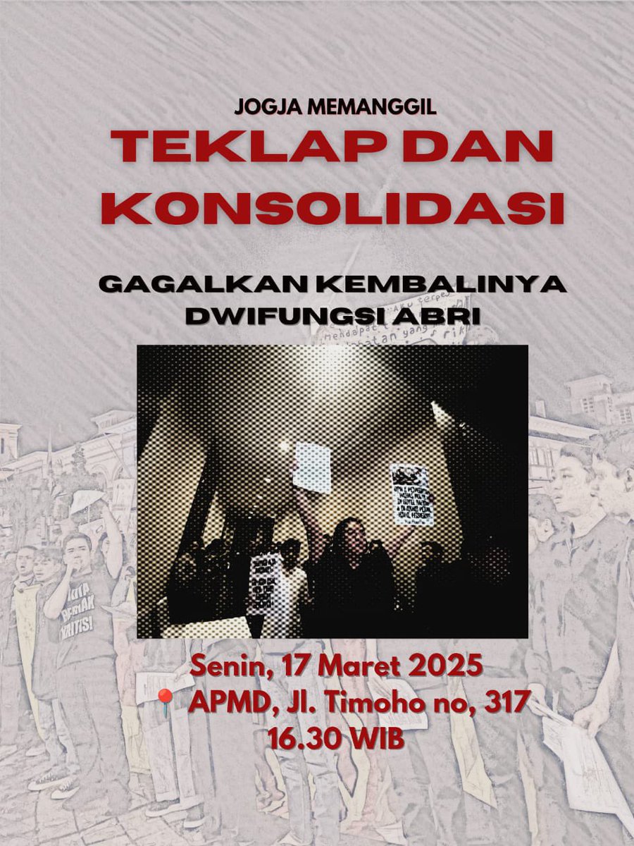 Di tengah kabut reformasi yang dulu di perjuangkan, bayang-bayang Orde Baru kembali merayap!

Mari hadir konsolidasi! Bukan sekadar untuk berorasi, tapi untuk menggenggam sejarah sebelum dicuri untuk kesekian kali.

#GagalkanRUUTNI #KembalikanTentaraKeBarak
#JogjaMemanggil