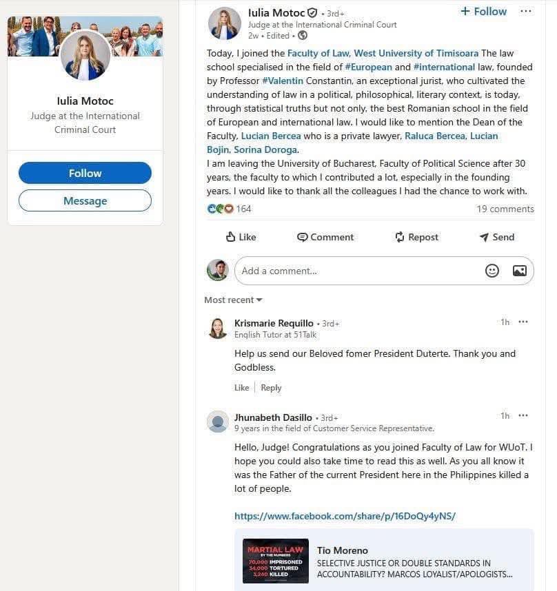 ceebee_em's tweet photo. So, looks like ang mga DDS ay nagkakalat na din sa LinkedIn.
Or may mga nag create ng LinkedIn profiles to troll the ICC judges.

Based on a Reddit post,  multi-national companies have noticed the spread of false info &amp; sympathy-baiting posts by Filipinos across socmed LinkedIn. https://t.co/NanKw5GLUR