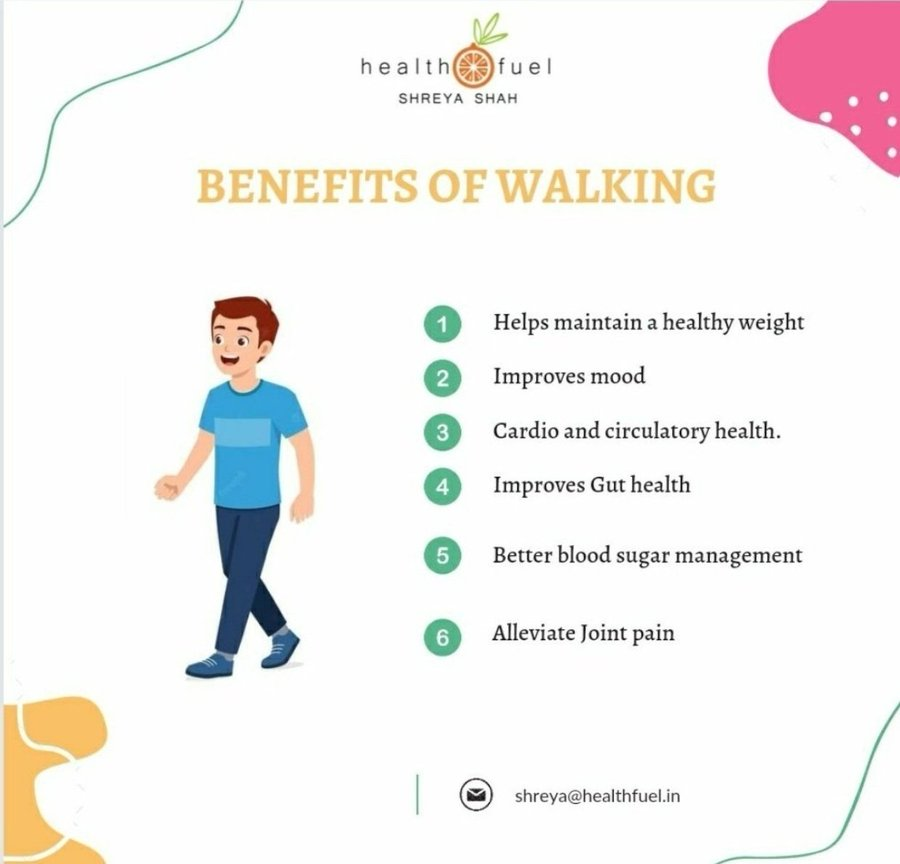 ShreyaShah22's tweet photo. 🚶‍♀️🚶‍♂️Walking-The simplest form of exercise🚶‍♂️🚶‍♀️

Walking-most inexpensive&free exercise 
🚶30min brisk walk 5-6days/wk
🚶15min relaxed walk after meals
🚶Sedentary lifestyle: after every 45min make sure u walk for at least 5min

Walking gets the feet moving, the blood moving, the mind moving.

 Here are some benefits of walking 👇