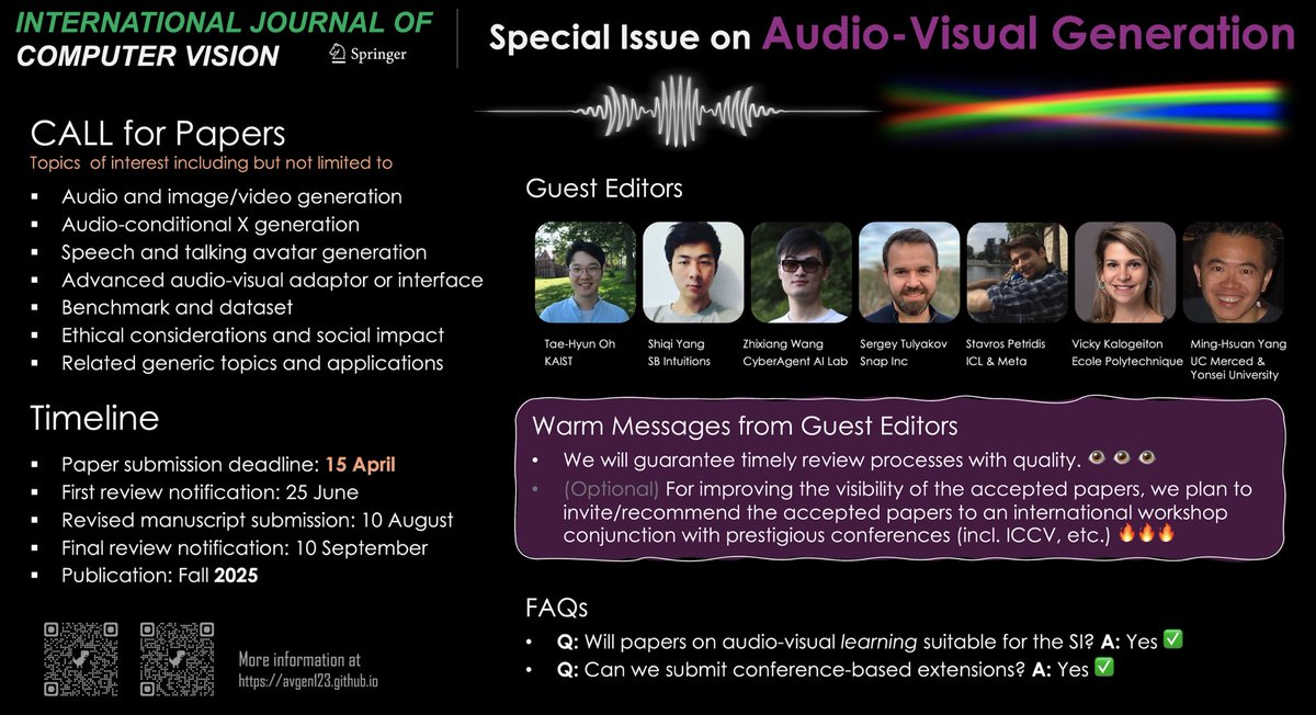 Zhixiang Wang (@lightchaserx) on Twitter photo 🚨 Call for Papers: IJCV Special Issue on Audio-Visual Generation 🎥🎵 🚨 Call for Papers: IJCV Special Issue on Audio-Visual Generation 🎥🎵