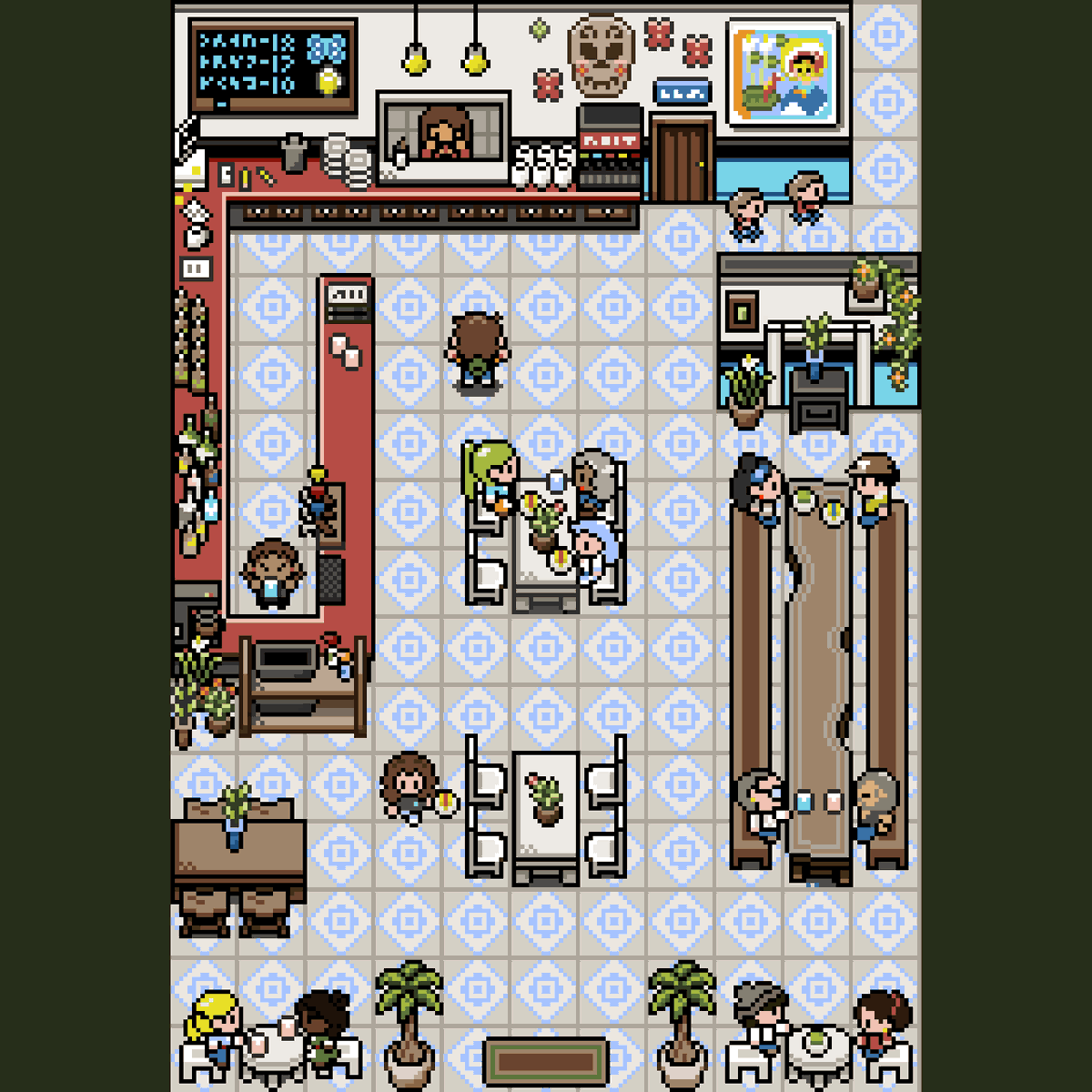 LoamBrownGames's tweet photo. It's absolutely slammed at Tuya's tonight. Kati and Brittney can barely keep up with everybody's outrageous demands! And like, why does everyone keep ordering salted mango margaritas? Cause they're super good, that's why! Happy Sunday ya'll!

#pixelart #indiedev #gameboy https://t.co/gKG26GQWiF