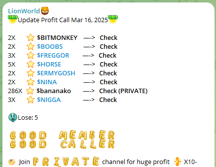 DarkfireLion's tweet photo. ๐Update Profit Call Mar 16, 2025
286X: #BANANAKO
5X: $HORSE
3X: #FREGGOR
3X: $NIGGA
2X: 4
LOSE: 5
๐Follow me to get latest information: https://t.co/Oha3sU3ZKh
#trading #Crypto #Bitcoin #SOL #memecoin2025 #solanamemecoin https://t.co/lKD25j2uK7