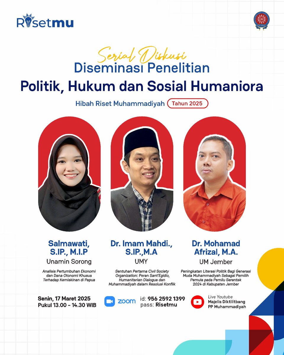 ✨️KAJIAN RISETMU✨️
Diseminasi Hibah Risetmu Tahun 2025 Serial Tadarus 04🙌

Hari ini banget!
 📆 Hari/tanggal : Senin, 17 Maret 2025
🕐 Waktu : 13.00 – 14.30 WIB
 
 #RisetMu #Diktilitbang #Muhammadiyah #PTMA