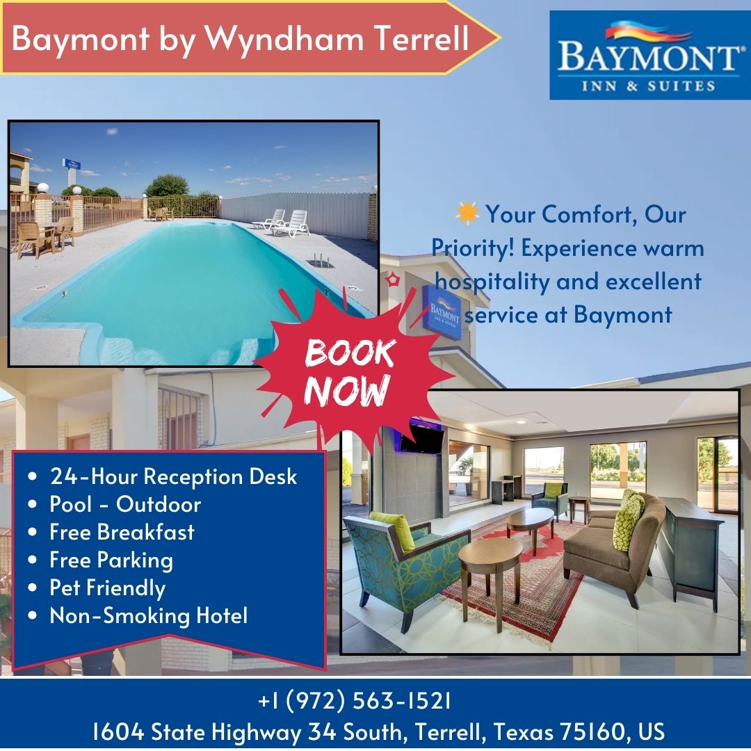 BaymontTerrell's tweet photo. Experience the Best at Baymont Terrell! 🌟🏨
✅ Free Parking
✅ Outdoor Pool
✅ Pet Friendly &amp; Non-Smoking
📞 Reserve Now: +1 (972) 563-1521
#BaymontHotels #TerrellTX #LuxuryTravel #StayComfortable #PerfectStay #FamilyVacation #TexasLodging #RelaxAndUnwind https://t.co/P06o7BqULk