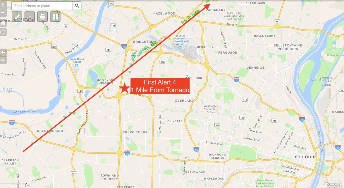 SteveTempleton's tweet photo. For those wondering why we evacuated during tornado coverage Friday night, here's the now confirmed tornado path &amp; our location.  We tell you to play it safe rather than sorry, we do that too.  #FirstAlert4 https://t.co/RQ60XyLehv