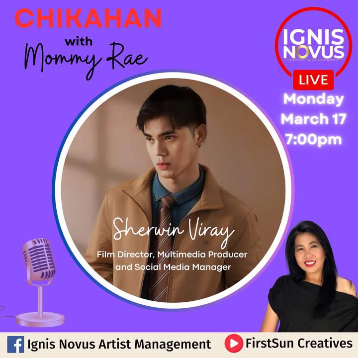 Pls  watch Rachel N. Pullon at Chikahan with Mommy Rae later at 7:00pm LiVe at IGNIS NOVUS ARTIST MANAGEMENT FB PAGE with special guest,Film Director, Multimedia Producer &amp;Social Media Manager, Director Sherwin Viray.
#chickahanwithmommyrae
#IgnisNovus
#talkshow
#liveinterviews