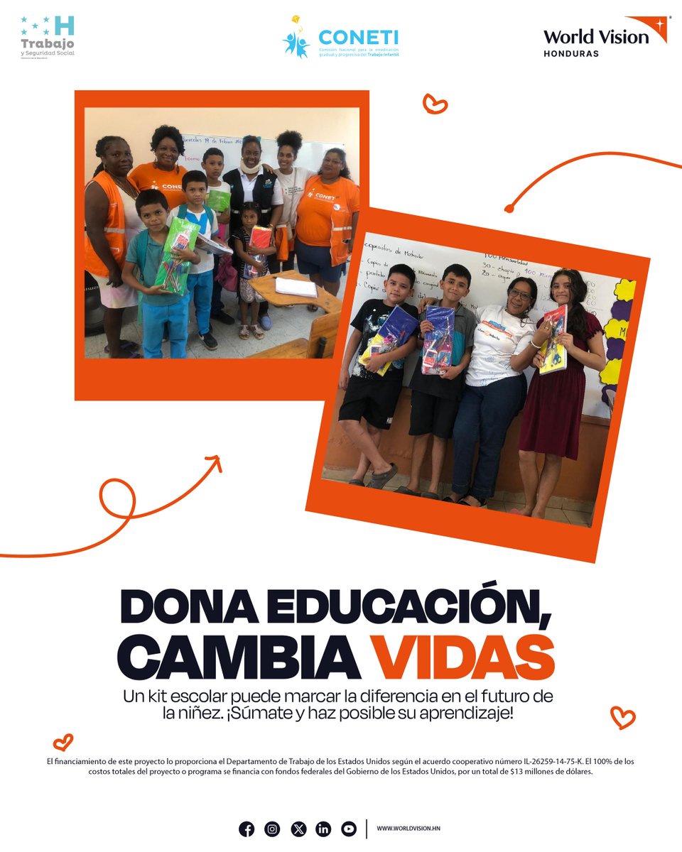 En el marco de la Estrategia Nacional de los Comités de Prevención Contra el Trabajo Infantil, World Vision y la Secretaría de Trabajo entregaron 336 kits educativos a 28 comités en 6 departamentos del país. 

#EducaciónParaTodos #NiñezSinTrabajoInfantil.