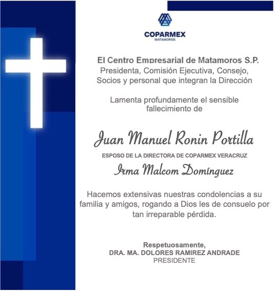 En #CoparmexMatamoros, nos solidarizamos con el pesar de nuestra amiga Directora de <a href="/COPARMEXVer/">COPARMEX Veracruz</a> Irma Malcom, por el sensible fallecimiento de su querido Esposo. Oramos por su descanso eterno y el consuelo de su familia. 🙏🕊️