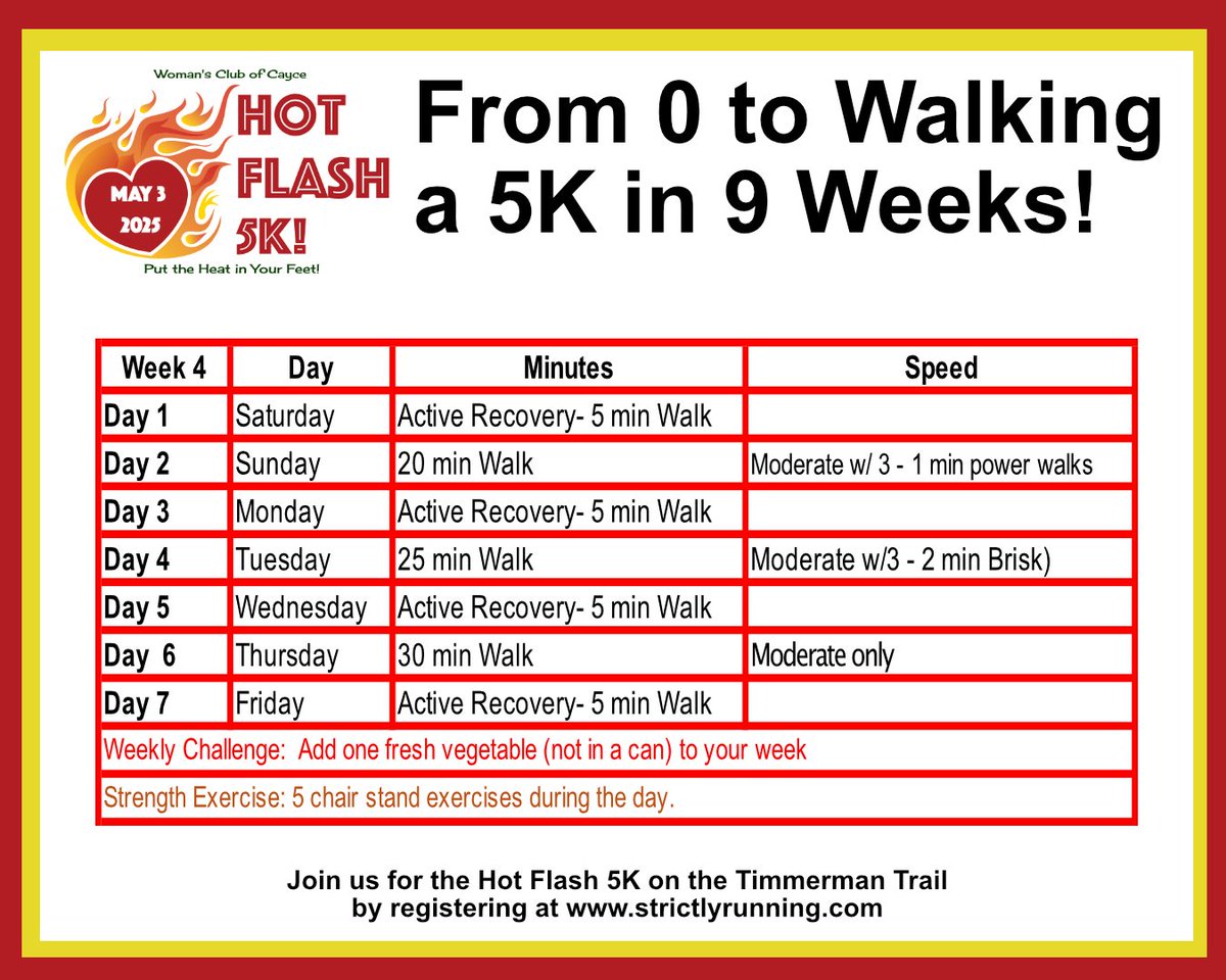 Congrats!  We’re hitting the halfway mark this week!  We hope you are starting to see many positive changes in yourself!

For Week 4, we’re going to work on our walking speed a little more. 

#timetowalk