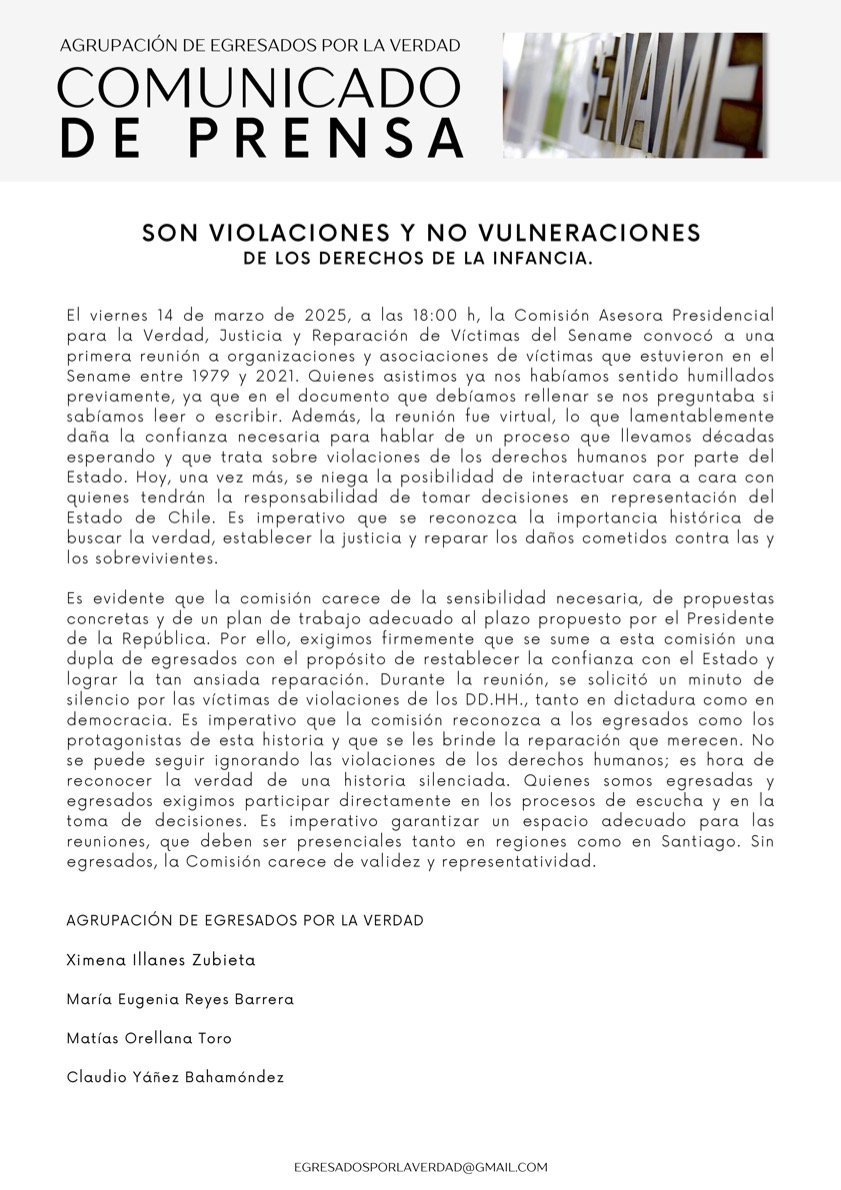 Egresados <a href="/ChileEcam/">Fundación Ecam Chile</a> Exigimos verdad, justicia para las víctimas del #sename por violaciones de #DDHH en #Chile La Comisión Presidencial debe incluir a egresados para garantizar representatividad y reparación ¡No más silencio! #VerdadYJusticia #EgresadosPorLaVerdad <a href="/GabrielBoric/">Gabriel Boric Font</a>