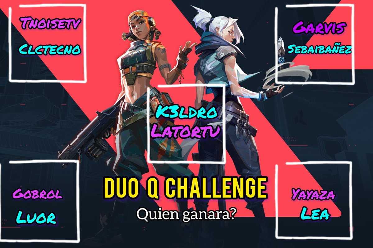 Duo Q challenge 
Así quedaron los duos
 quien cree que va a ganar o perder? 
<a href="/SebaaIbanez_/">Sebaaibanez_</a> <a href="/Luorcito/">Luor</a> <a href="/CLCTecno/">CLC Tecno</a> @HeritaPlay <a href="/yayazza0/">Yayazza</a> <a href="/garvisk17/">Garvisk</a> <a href="/TnoiseTv/">Noise🇻🇪🇺🇸</a>