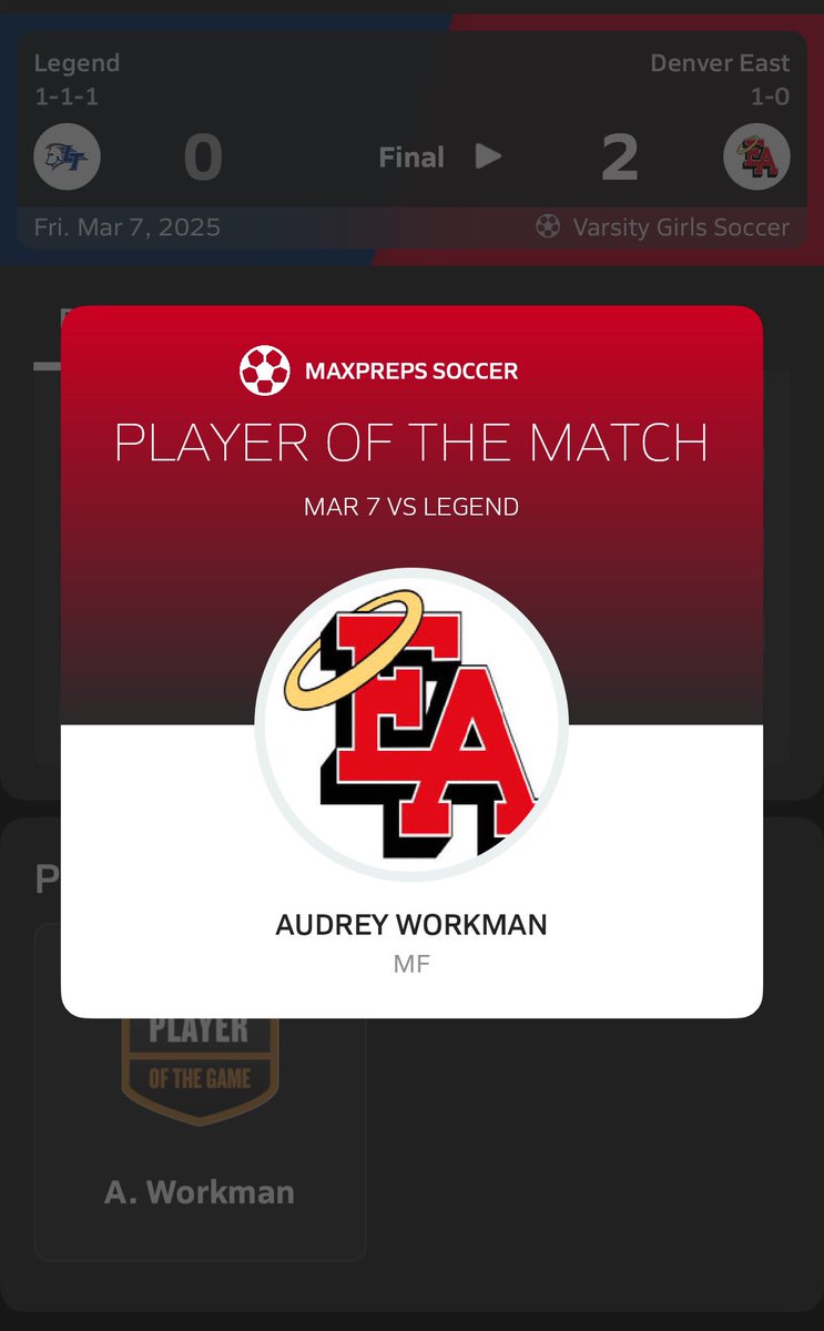 audreyworkman08's tweet photo. Starting high school season off right‼️I contributed to our 2-0 win with a banger from 30 yards out and an assist to earn Player of the Match in our first game!

@DenverEastHS @MaxPreps @PrepSoccer @TopDrawerSoccer @TheSoccerWire @TopPreps @ImYouthSoccer @ImCollegeSoccer https://t.co/9TCOQb84dc