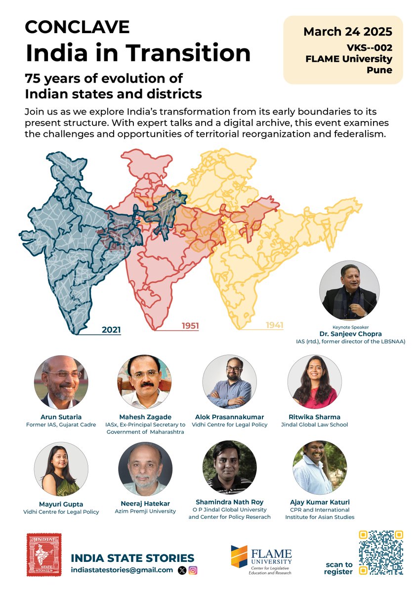 Excited to announce the India in Transition Conclave: 75 Years of Evolution of Indian States &amp; Districts on March 24, 2025, at FLAME University, Pune! 🇮🇳

🔹 Keynote by Dr. Sanjeev Chopra (IAS Retd.)
🔹 Panels on State Formation, Federalism, Districts &amp; Data
🔹 Launch of the