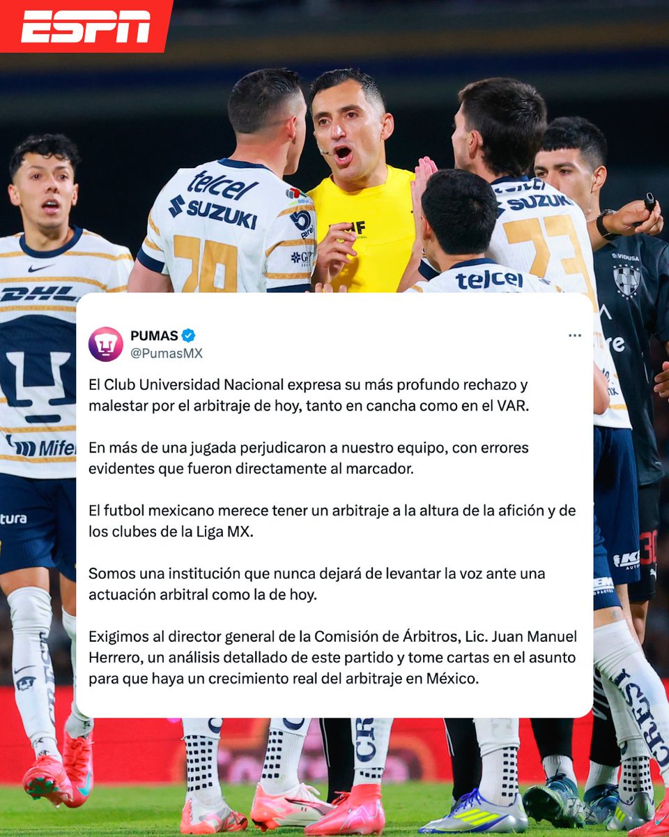 ESPNmx's tweet photo. LA PUBLICACIÓN DE PUMAS DESPUÉS DEL ARBITRAJE EN EL PARTIDO ANTE RAYADOS. 

💥 "En más de una jugada perjudicaron a nuestro equipo"

💥 "El futbol mexicano merece un arbitraje a la altura de la afición y clubes" https://t.co/gMDMwRpXnK