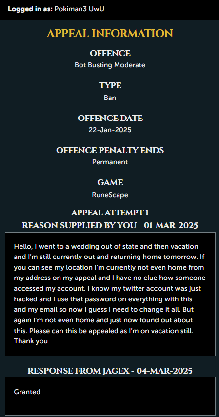 kyler650770's tweet photo. @JagexSupport how can 1 of my accts be hacked and not the other when i'm gone?i have a jagex acct so if 1 is hacked they all are. you granted my appeal on 1 account and denied on the other? both banned sametime and appealed sametime yet 1 is hack and other isn't?#OSRS #runescape https://t.co/ArjLllhGNb