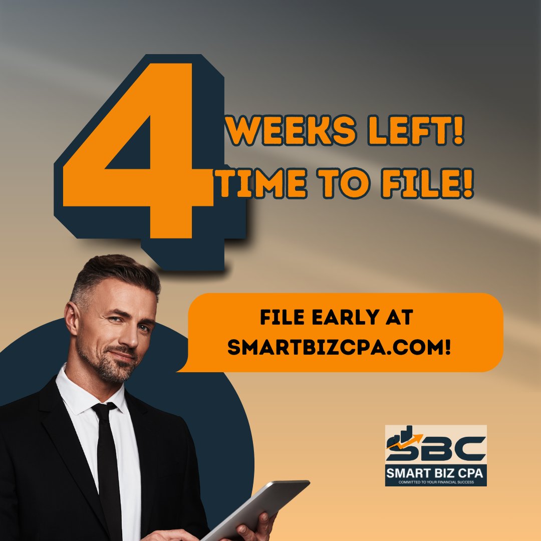 smartbizcpa's tweet image. ⏳ The clock is ticking! Only 4 weeks left to file your taxes—don’t wait! Maximize deductions, stay organized, and avoid last-minute stress. Need help? Get expert guidance today! 💰📑 #TaxDeadline #FileOnTime #MaximizeDeductions #SmartBizCPA