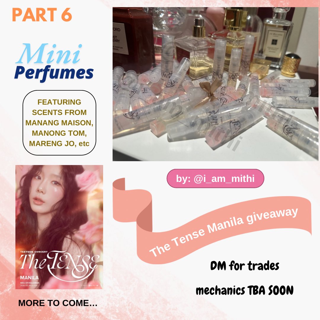 i_am_mithi's tweet photo. Di ko pa nagagawa part 4 pa din so let’s go PART 6

Part 6 The Tense Manila Fan Support/ Giveaway

Mini Perfumes
“Pwedeng  I-spray sa sarili, pwede rin sa katabi”

#TAEYEON_TheTENSE_in_MANILA #TheTENSE #TAEYEON_TheTENSE #TAEYEON #태연 #소녀시대 https://t.co/kAXjhHOdo2