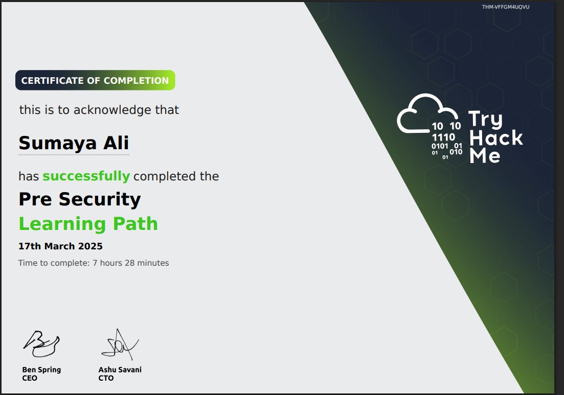 Maya_CyberSec's tweet image. Just finished the Pre-Security learning path and earned my certificate! 🛡️💻 Excited for the next step in my cybersecurity journey! #CyberSecurity #EthicalHacking #PreSecurity #tryhackme
…rtificates.s3-eu-west-1.amazonaws.com/THM-VFFGM4UQVU…
