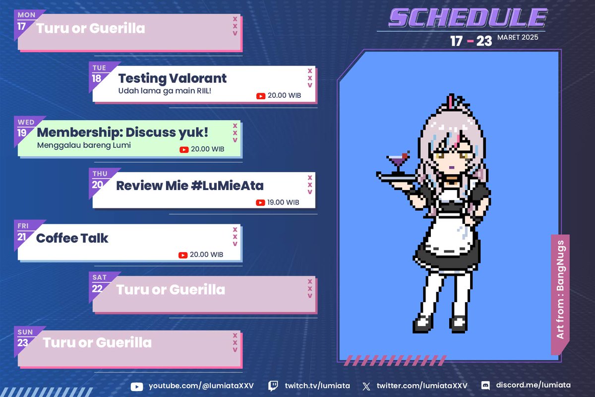 lumiataXXV's tweet photo. Akhirnya bikin schedule lagi karena ternyata ga pake schedule malah bingung :v

[Hashtags]
General: #Lumiata
Announcement: #LumInfo
Fan Name: #LuMinion
Live: #LumiOnAir
Fan Art: #LukisMi
NSFW Art: #LuMalu
Clips: #LumiClip
Meme: #Lumiahaha https://t.co/aX6CFpvzHH