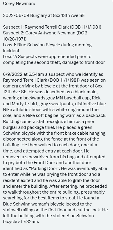 CrimeWatchMpls's tweet image. 2/
Details from a prior burglary case involving Corey Antione Newman. He was sentenced to 24 months in Aug 2022.
#MNmath: 24 months - 16 months