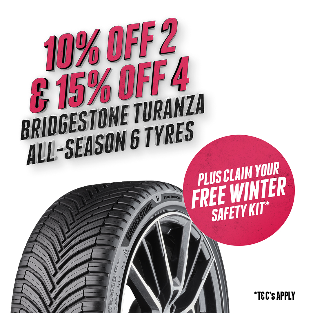 Did you know you can still get 10% off 2 or 15% off 4 Bridgestone Turanza All Season 6 tyres?🛞✨ 

Plus, grab your FREE Winter Safety Kit to keep your journey safe!💙 

🎉Don’t miss out - offer ends this month!