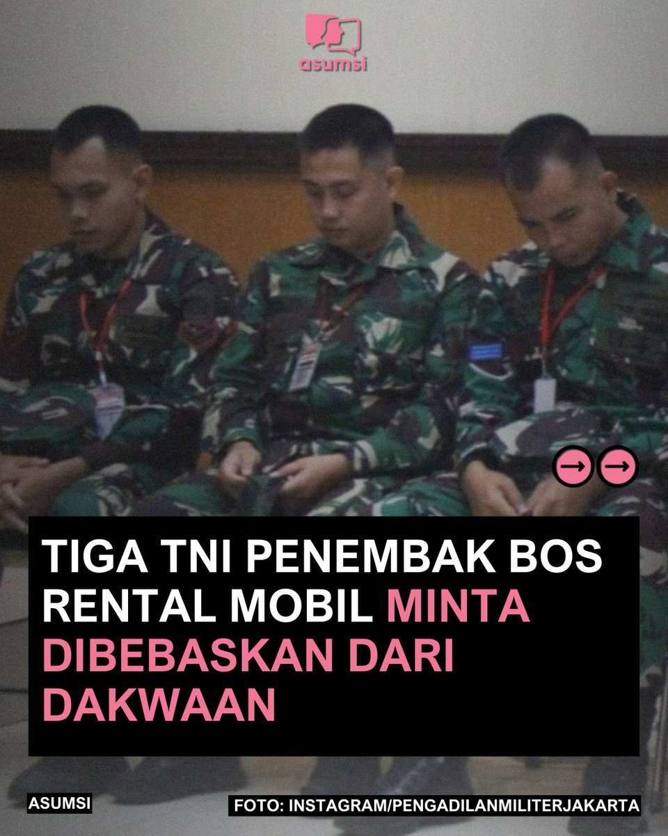 asumsico's tweet photo. Tiga anggota TNI AL yang menjadi terdakwa dalam kasus penembakan bos rental mobil menghadiri sidang pleidoi yang berlangsung di Pengadilan Militer Jakarta II-08. Dalam sidang itu, ketiganya meminta untuk dibebaskan dari semua dakwaan dan tuntutan. https://t.co/U68fbN2szE