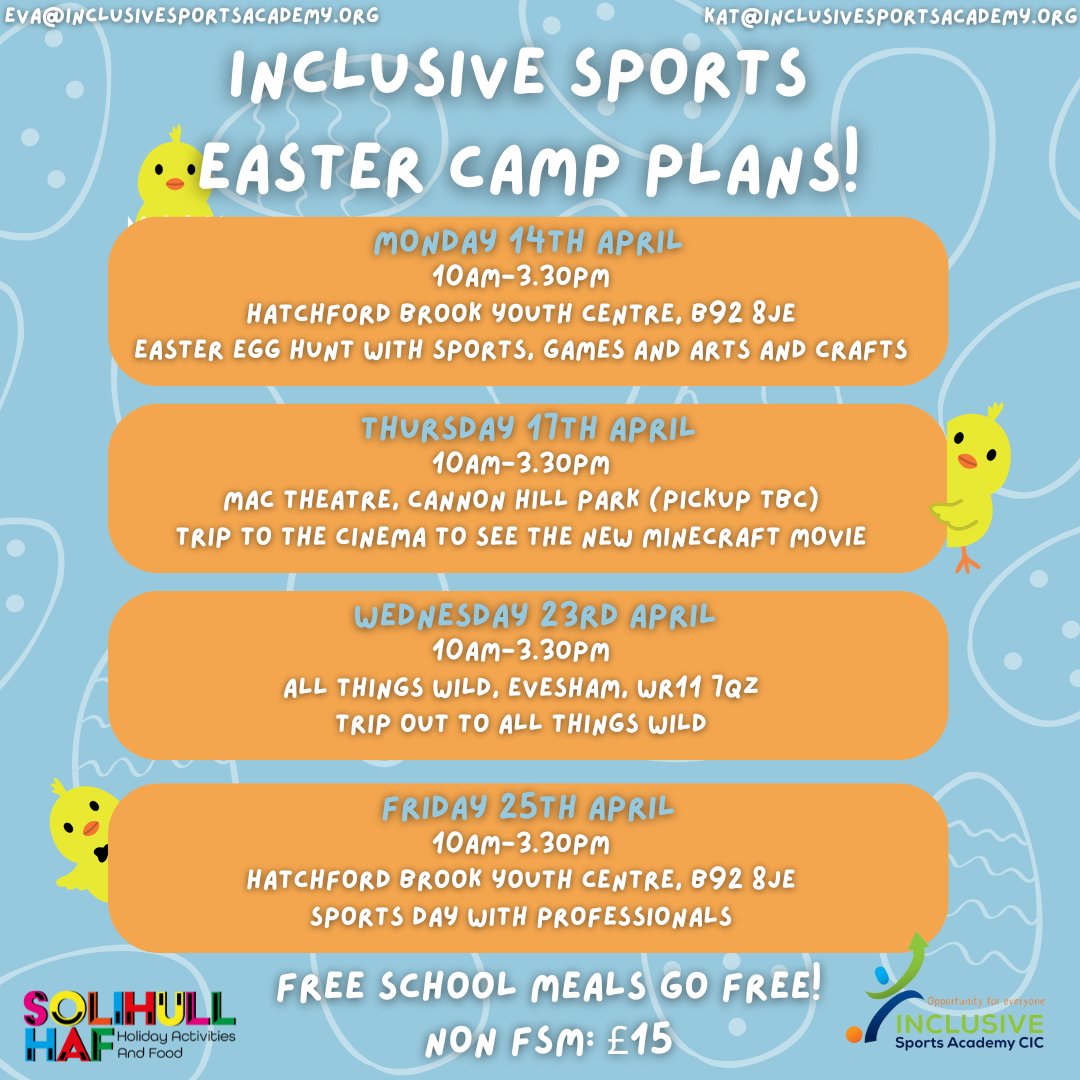 Inclusive Sports Easter Camp is back with six days of exciting provision for the SEND community of Solihull!

Book now using the link in our bio. 

This is a HAF event, so those who are eligible for free school meals can attend free!

#SolihullHAF