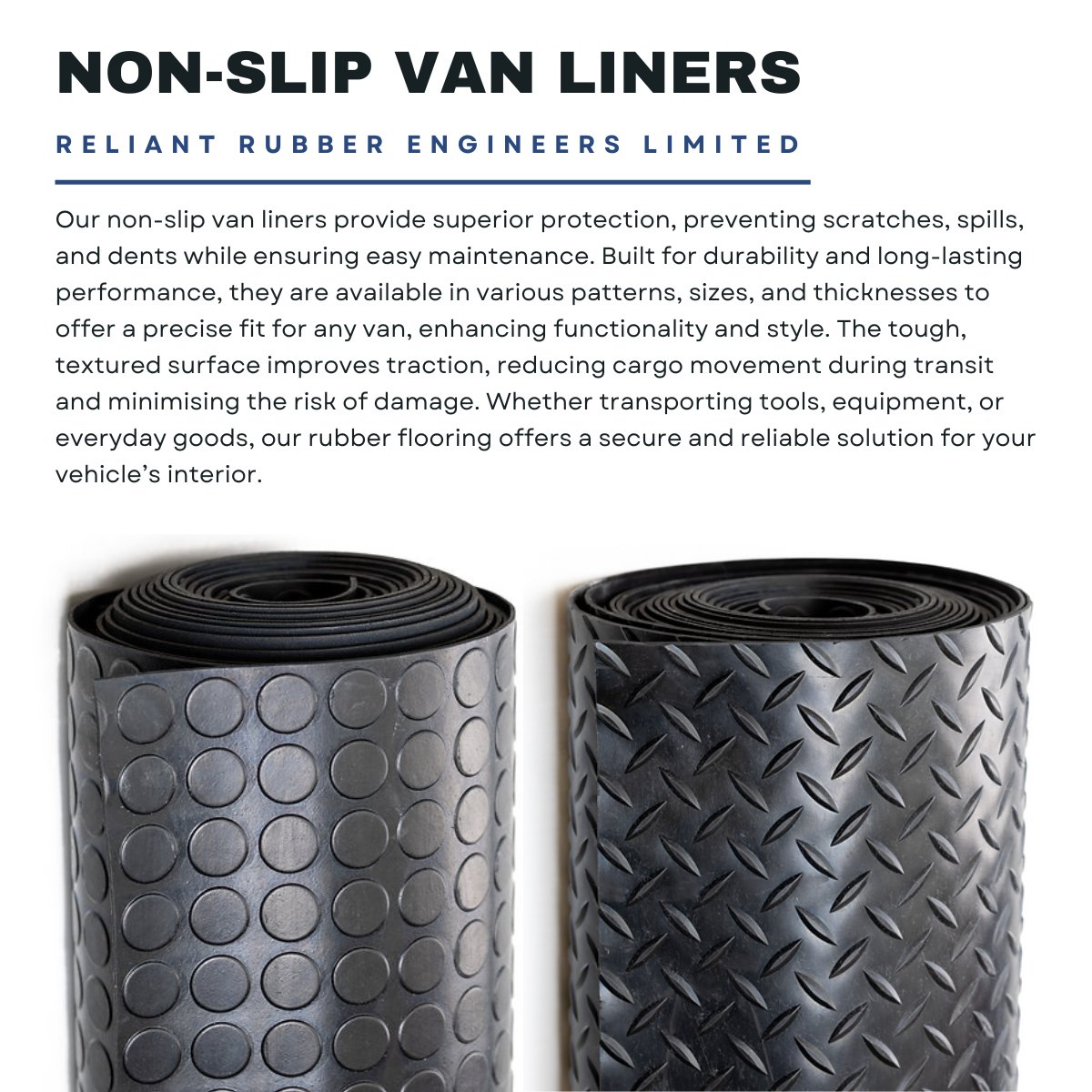 Protect your van with our durable, non-slip rubber liners!🛠️Prevent scratches, spills, and dents while improving traction. Available in various sizes and thicknesses for a precise fit.

Ready for reliable protection? reliantrubber.co.uk🚐

#VanProtection #CargoSafety #NonSlip
