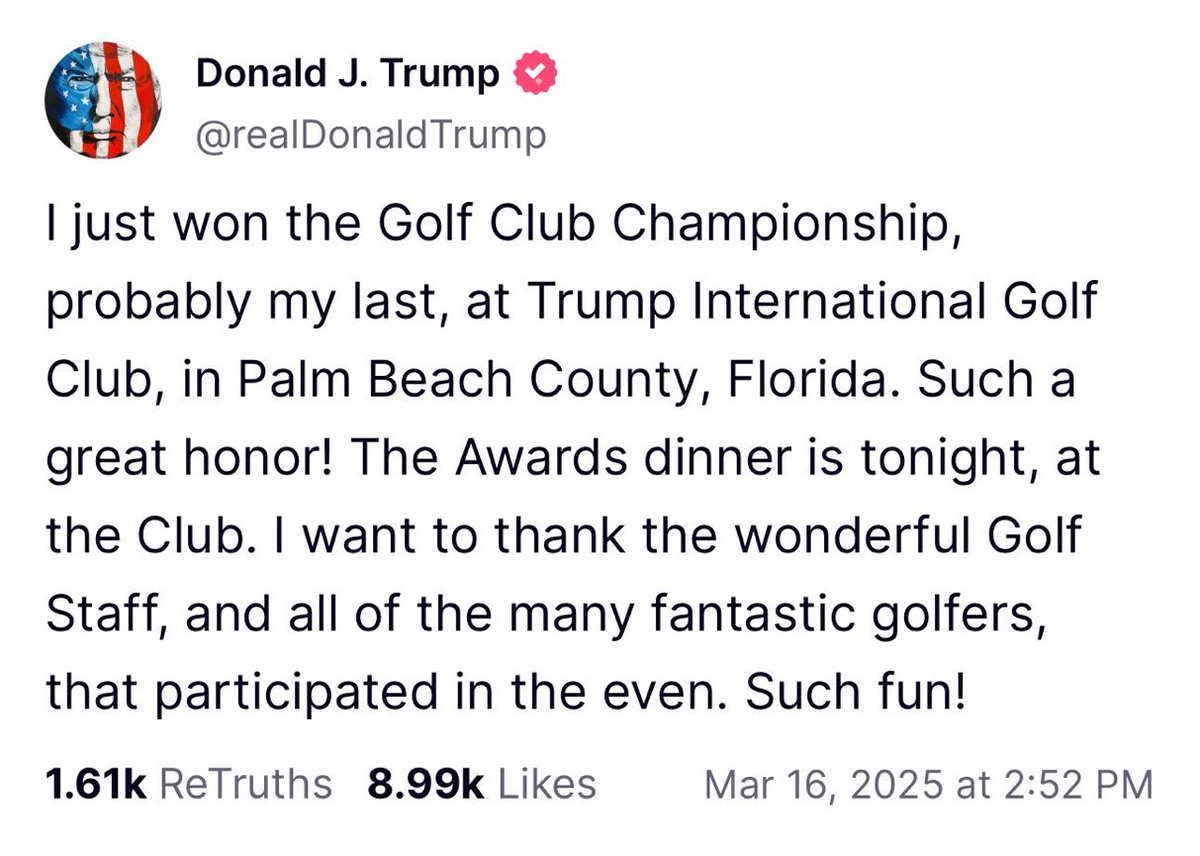 Congratulations President Trump!
He defeated these golfers to win this prestigious trophy:
Elon Musk’s 4 year old son X A-Xii
JD Vance
That weird Southampton football manager (always losing)
A sheep
Ann Widdecombe
Sooty
Sweep
Sue
Sonny &amp; Cher
Eddie ‘The Eagle’ Edwards
Moths
🏆🏌️