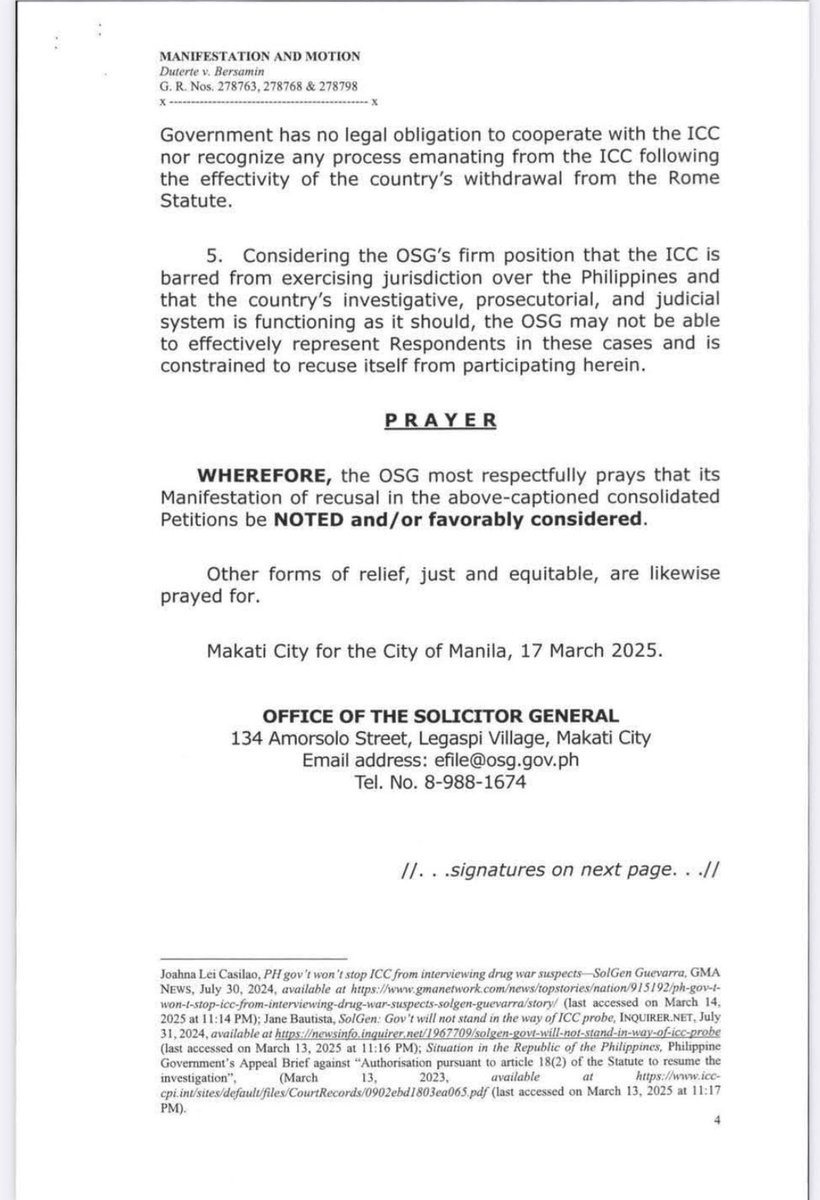 The Philippine government has no legal obligation to cooperate with the ICC.
-Office of the Solicitor General