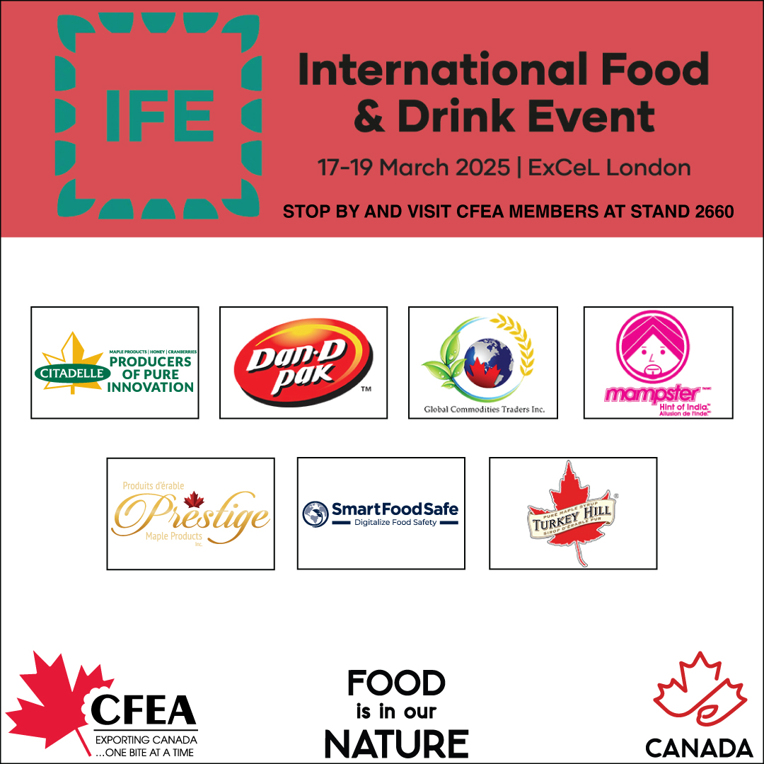 #CFEA members are exhibiting at the #IFE in London, starting today. If you’re in London, make sure to swing by our stand at 2660 and check out what we’ve got to offer. We’re excited to share our delicious Canadian food and beverages with you! #export #food #beverage #excellondon