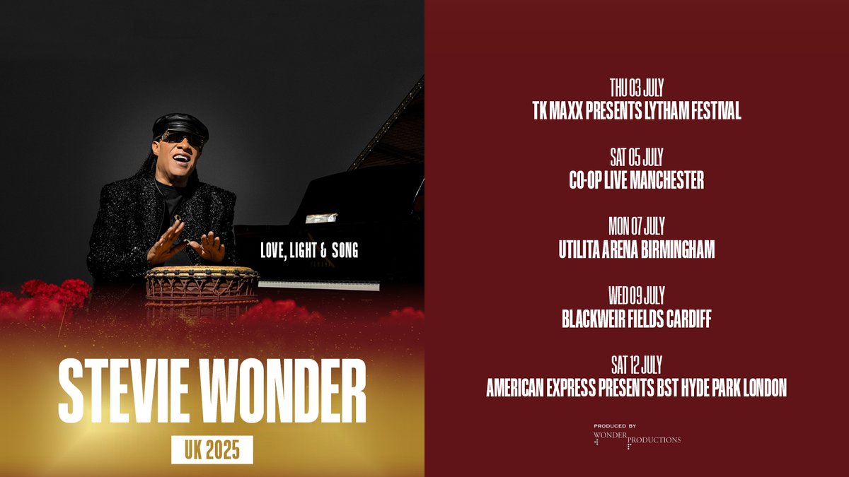 AXS_UK (@axs_uk) on Twitter photo #AXSNEW 🎶 The legendary Stevie Wonder has announced further UK shows this Summer. The LOVE, LIGHT & SONG tour will head to Birmingham's <a href="/UtilitaArenaBHM/">Utilita Arena Birmingham</a> on 7th July!
⏰ Tickets on sale Friday at 10am
🎟️ w.axs.com/gcVL50ViS51 #AXSNEW 🎶 The legendary Stevie Wonder has announced further UK shows this Summer. The LOVE, LIGHT & SONG tour will head to Birmingham's <a href="/UtilitaArenaBHM/">Utilita Arena Birmingham</a> on 7th July!
⏰ Tickets on sale Friday at 10am
🎟️ w.axs.com/gcVL50ViS51