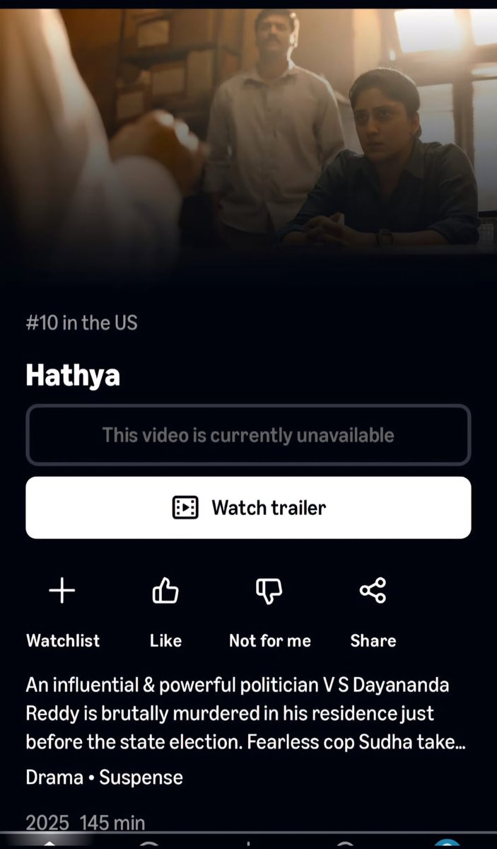 srividya (@srividyabasawa) on Twitter photo #HATHYA at top 5 in india and at 10 in US 🔥
Watch it on <a href="/PrimeVideoIN/">prime video IN</a> #Amazonprimevideo #primevideo
Available in #telugu #tamil #hindi #kannada #malayalam #HATHYA at top 5 in india and at 10 in US 🔥
Watch it on <a href="/PrimeVideoIN/">prime video IN</a> #Amazonprimevideo #primevideo
Available in #telugu #tamil #hindi #kannada #malayalam