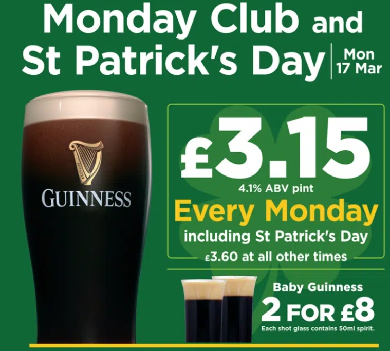 Celebrate St. Patrick's Day at The Babington Arms in Derby. Today, they're offering pints of Guinness at a special price of £3.15, down from the usual £3.60!
Don't miss this chance to enjoy the Irish spirit with friends and a pint of the black stuff!