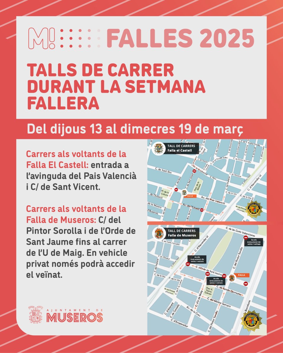 🧨 Falles 2025

🚧 Recordem els carrers que estan tallats al trànsit fins al dimecres 19 de març.
___

🧨 Fallas 2025

🚧 Recordamos las calles que están cortadas al tráfico hasta el miércoles 19 de marzo.