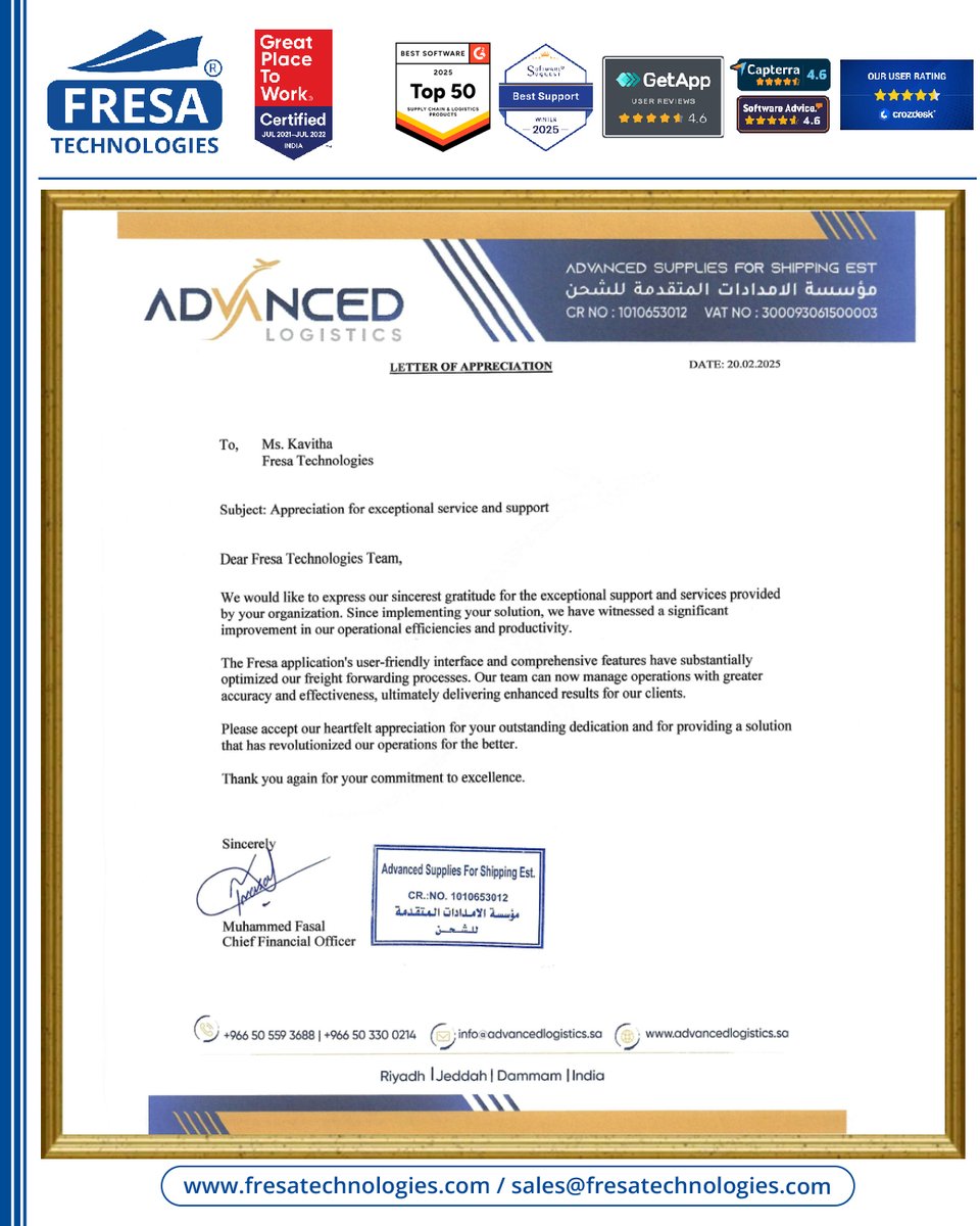 fresatechnology's tweet photo. ✨We are deeply grateful to ADVANCED LOGISTICS for their kind appreciation letter.

For more queries please visit below link 👇https://t.co/jYG3yiWVvG

#FresaTechnologies | #ERPforLogistics | #BestERPSoftware | #HappyCustomer | #ClientAppreciation | #advancedlogistics https://t.co/COZWYOt2gZ