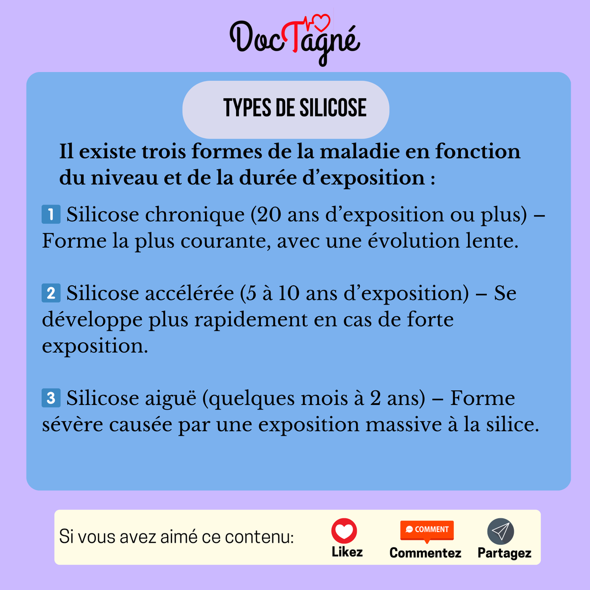 doctagne's tweet image. La silicose est une maladie pulmonaire causée par l'inhalation prolongée de poussières de silice. Elle touche principalement les travailleurs des mines, du bâtiment et des carrières.
#silicose #SantéPulmonaire #préventionsanté #MaladieProfessionnelle #Afrique #doctagne