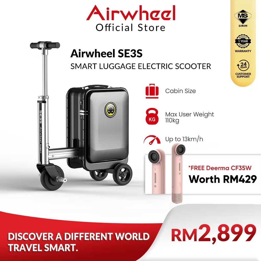 AzlanNFT's tweet photo. Check out Airwheel SE3S/SE3SL Smart Ridding Travel Electric Luggage Scooter USB Rechargeable - Black/Pink/Silver 20 Inch (26L) for RM2,299.00. Get it on Shopee now! https://t.co/hCPmuARtNZ https://t.co/npoembfVVX