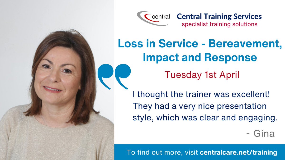 CentralCare's tweet image. The trainer for @CentralCare’s Loss in Service training (01/04) has had great feedback from delegates who have attended their training in the past. Book your space now! #OpenCourse #VirtualTraining #SocialCare
centralcare.net/training/open-…