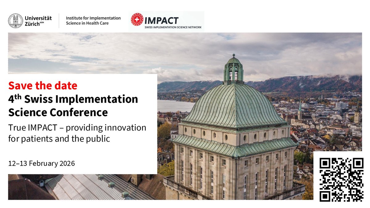 📆SAVE THE DATE 
📢We're pleased to announce the 4th Swiss Implementation Science Conference hosted by #IfIS: True IMPACT – providing innovation for patients and the public, 12–13 Feb 2026.  More info to come soon.
#impsci ifis.uzh.ch/en/impact.html