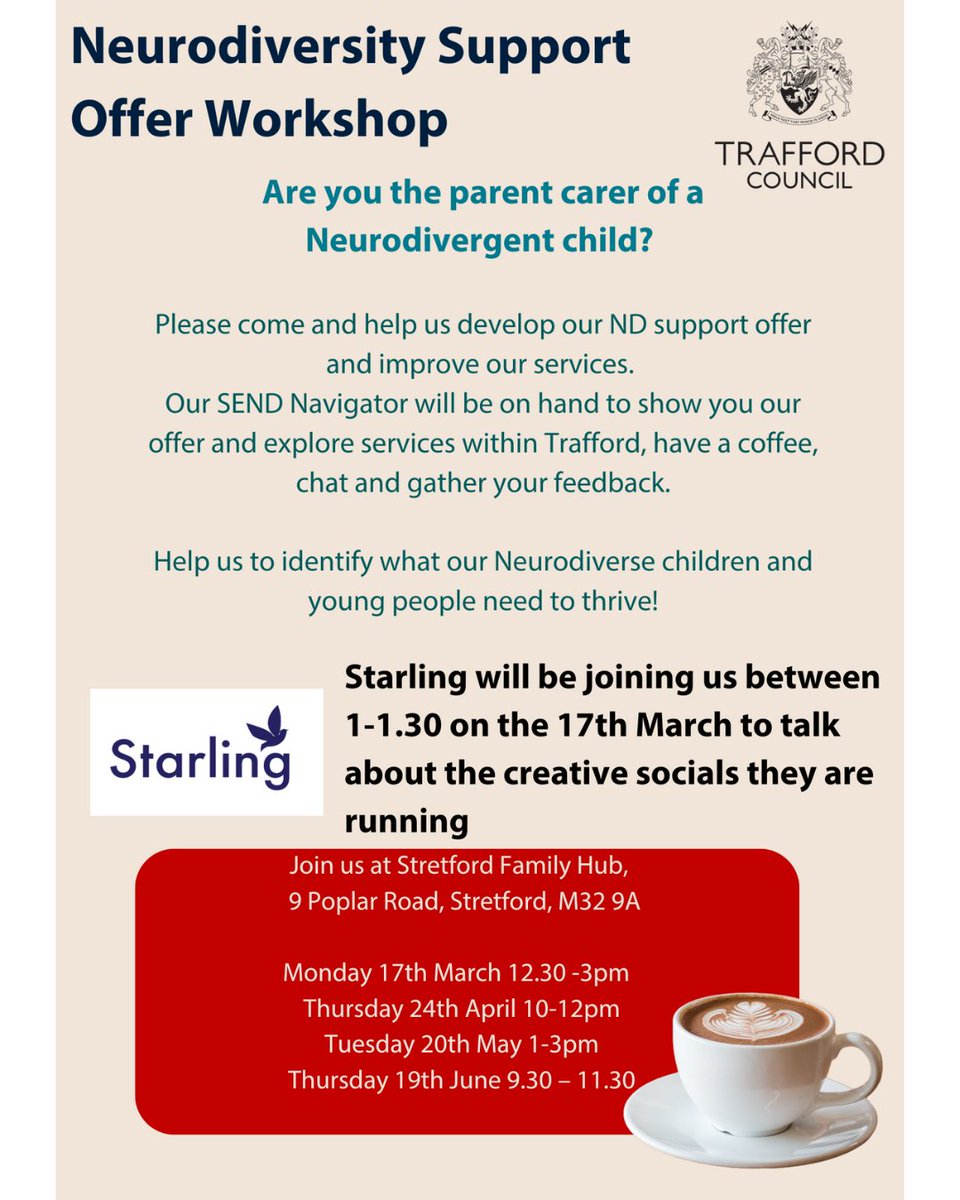 Happening TODAY! 🌟 Join Trafford's SEND Navigator for coffee ☕ and discussions at the Neurodiversity Support Offer Workshop! Your feedback is vital for our neurodiverse children &amp; young people to thrive. 🧡
