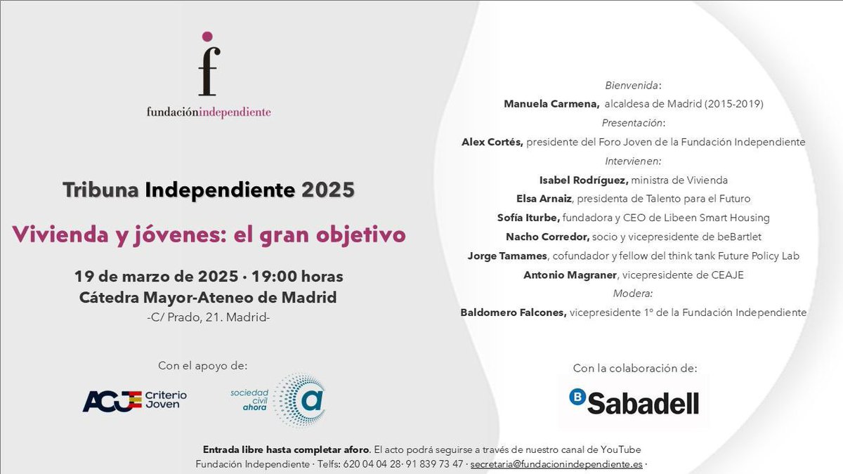 Queridos amigos: Os invitamos al último acto organizado por nuestro fallecido presidente, Aldo Olcese, una  Tribuna titulada 'Vivienda y Jóvenes: el gran objetivo' sobre la complicada situación del acceso joven a una vivienda.

#vivienda #jovenes #accesoalavivienda