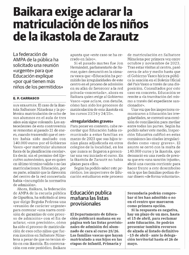 BaikaraF's tweet photo. Baikarak, ikasleak onartzeko Berme Batzordearen premiazko bilera deitzea eskatu du, modu irregularrean eskolatutako ikasle hauen matrikulazioa babesten duen araudia argitzeko. https://t.co/vQjCs6wBFO