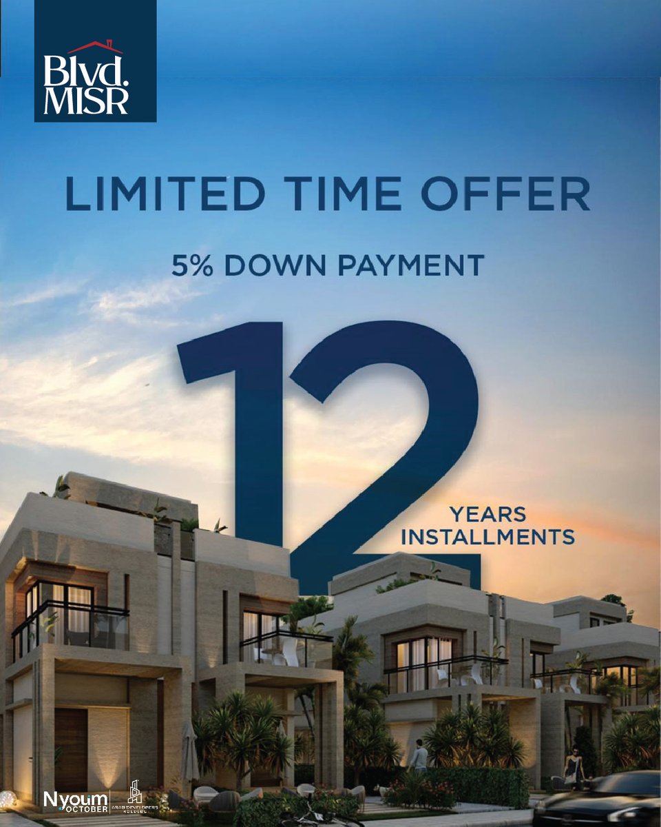 boulevardmisr's tweet image. Amazing offer from ADH, own your standalone villa with as low as 16,5k monthly installment at Nyoum October

Book your unit now with 5% Down Payment and monthly installments for 12 years for villas and apartments

#ADH #Nyoum #BoulevardMisr
Tax Registration Number: 724 074 139