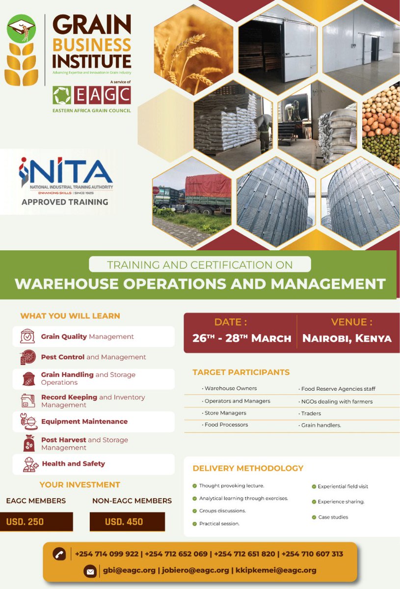 EAGC-GBI is pleased to invite you the grains value chain player to participate in the training and certification on Warehouse Operations and Management which is scheduled to take place in Nairobi, Kenya from 26th – 28th March 2025, and a field visit to a grain handling facility